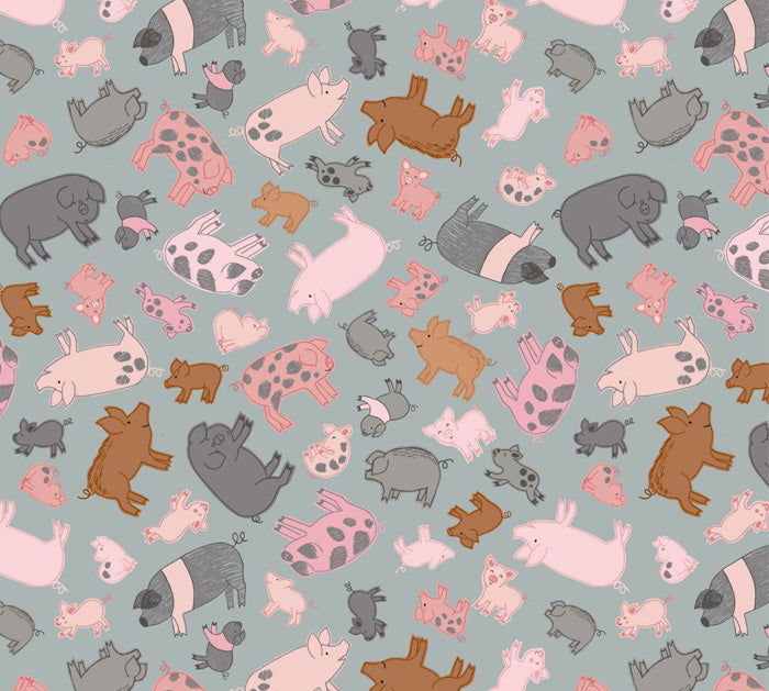 Lewis & Irene - Piggy Tales - A534.2 Piggies on Grey Fabric