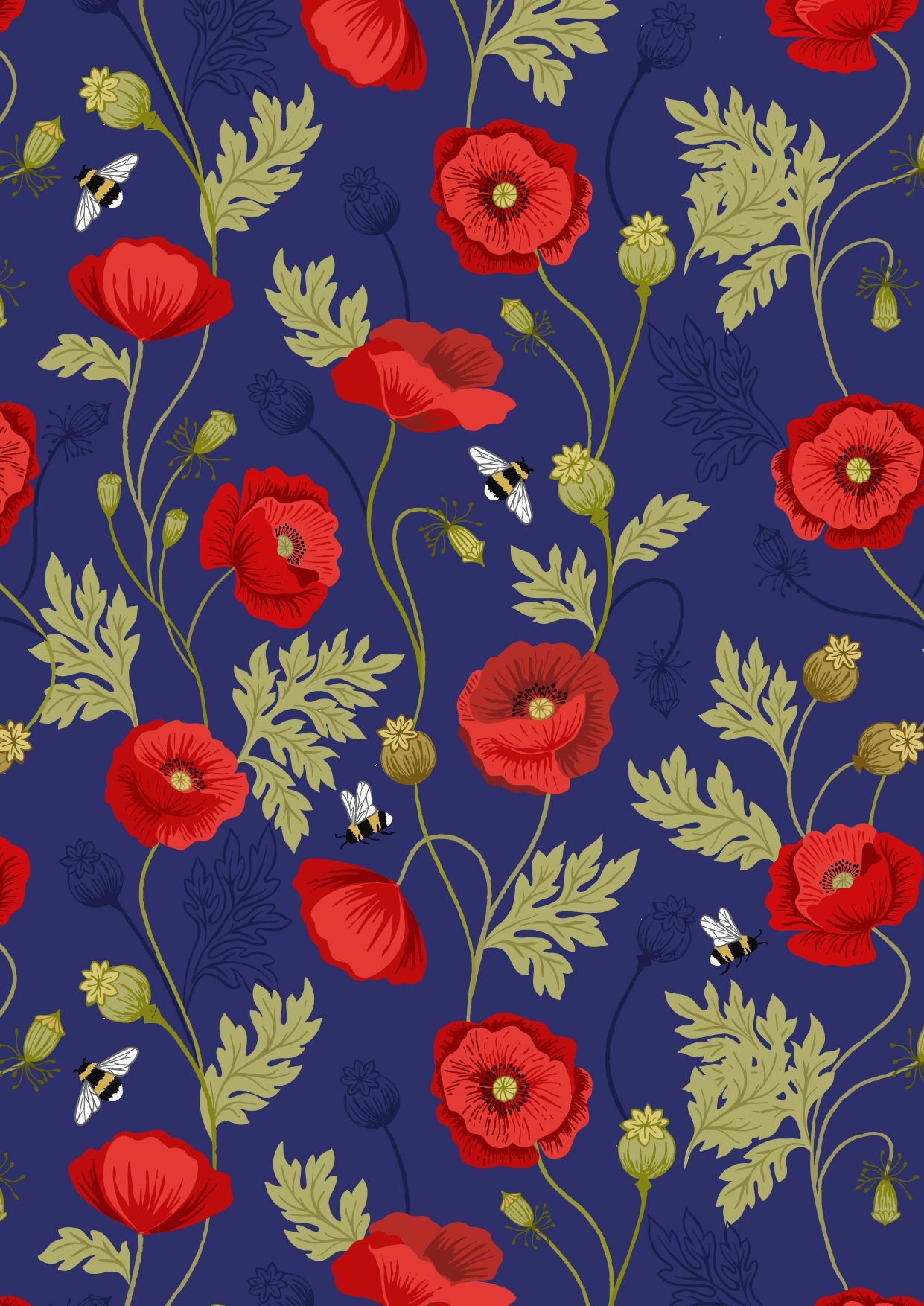Lewis & Irene - Poppies - A553.2 - Poppy & Bee on Blue Fabric