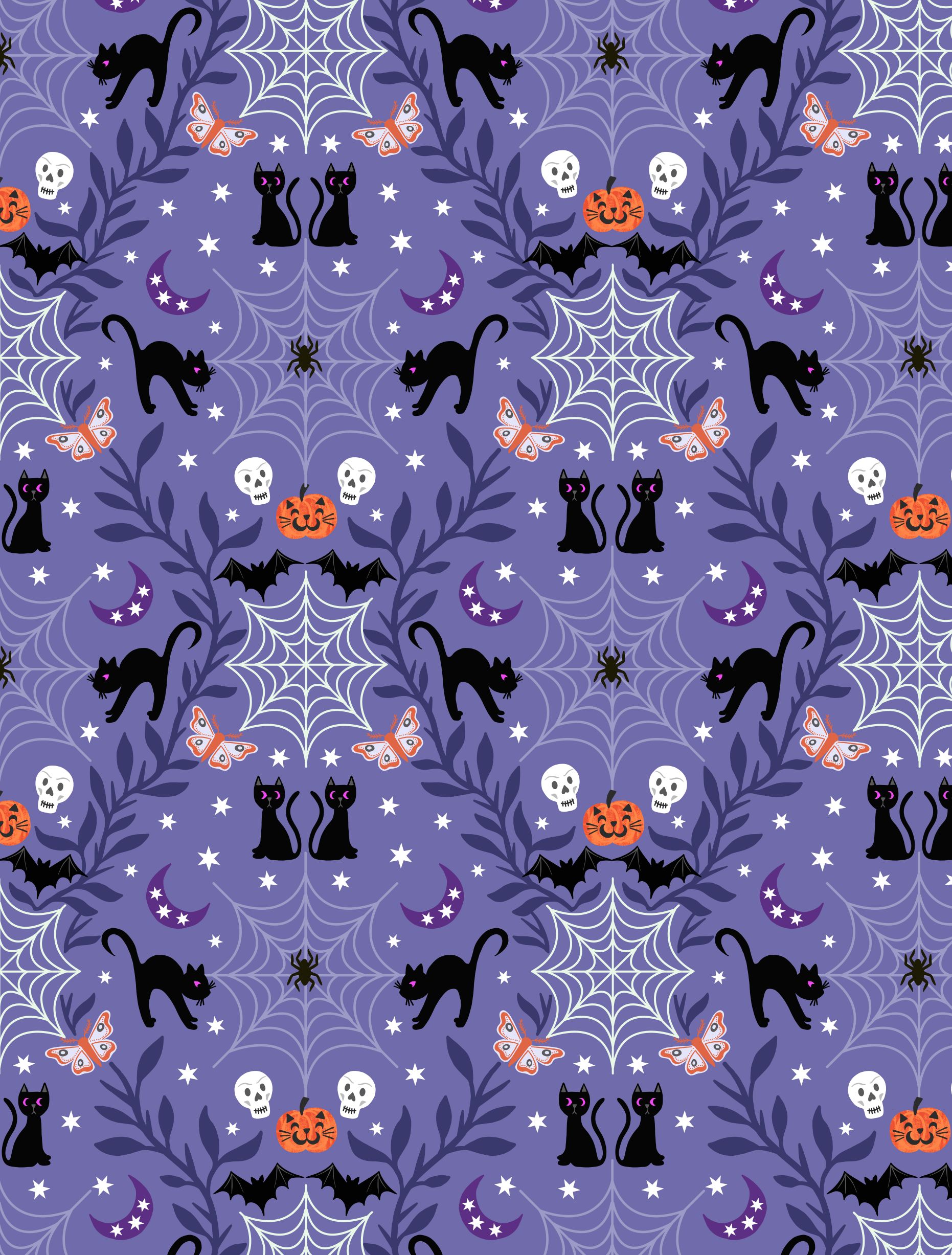 Lewis & Irene - Castle Spooky - A576.2 - Cobwebs & Cats on Purple Blue Fabric