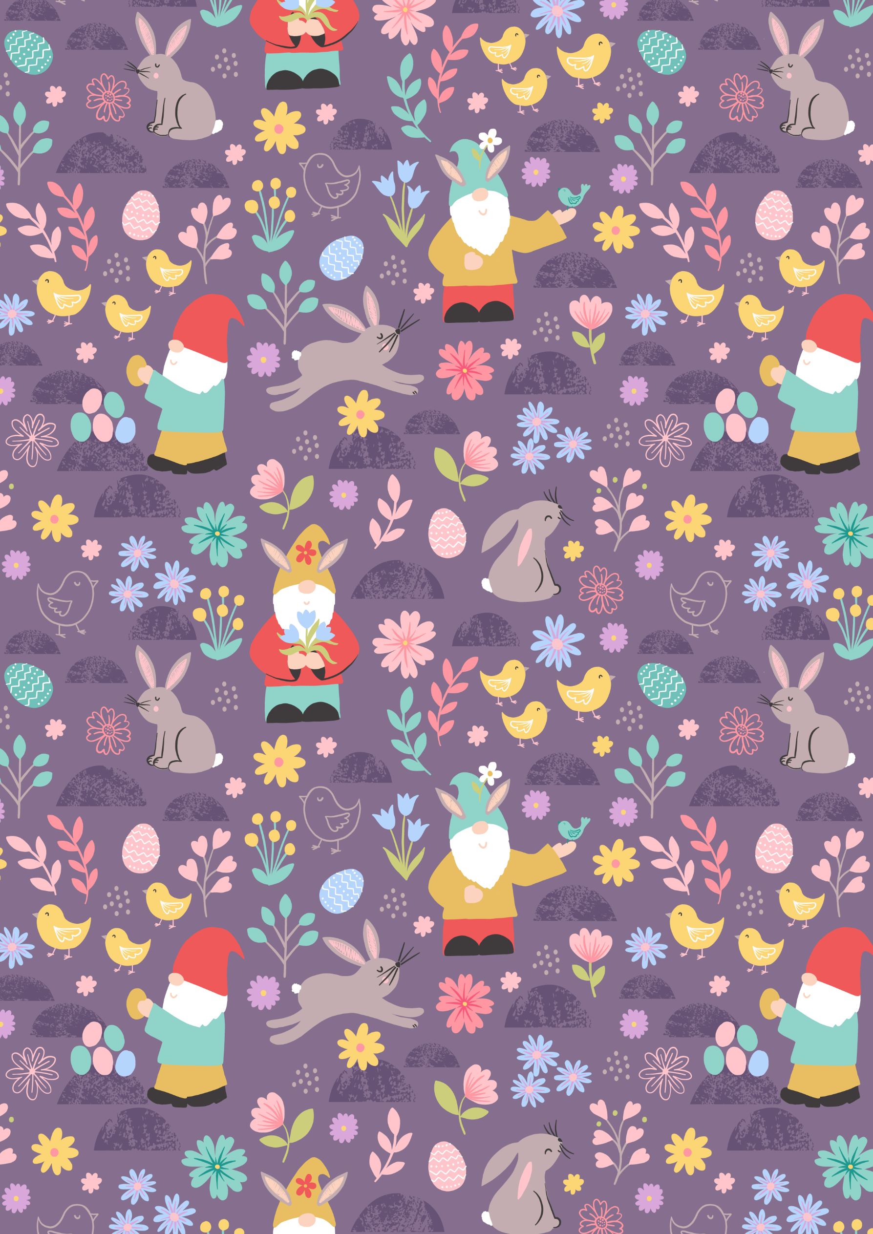 Lewis & Irene - Spring Treats - A588.2 - Spring Gnomes on Dark Lavender Fabric