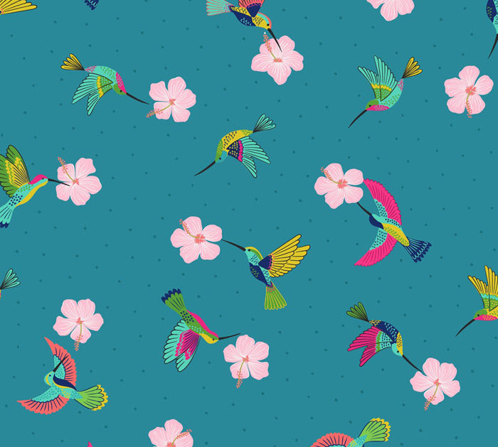 Lewis & Irene - Hibiscus Hummingbird - A597.3 - Hummingbirds on Blue Fabric