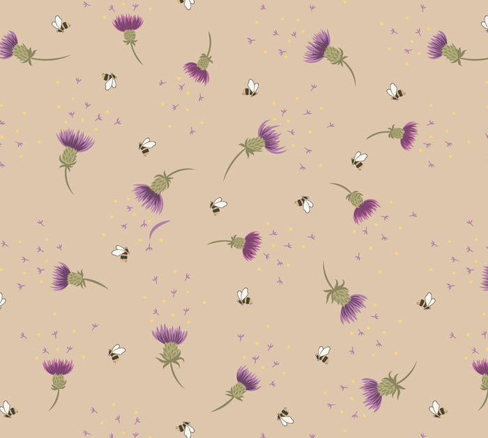 Lewis & Irene - Celtic Faeries - A734.2 - Thistle & Bee on Natural Fabric