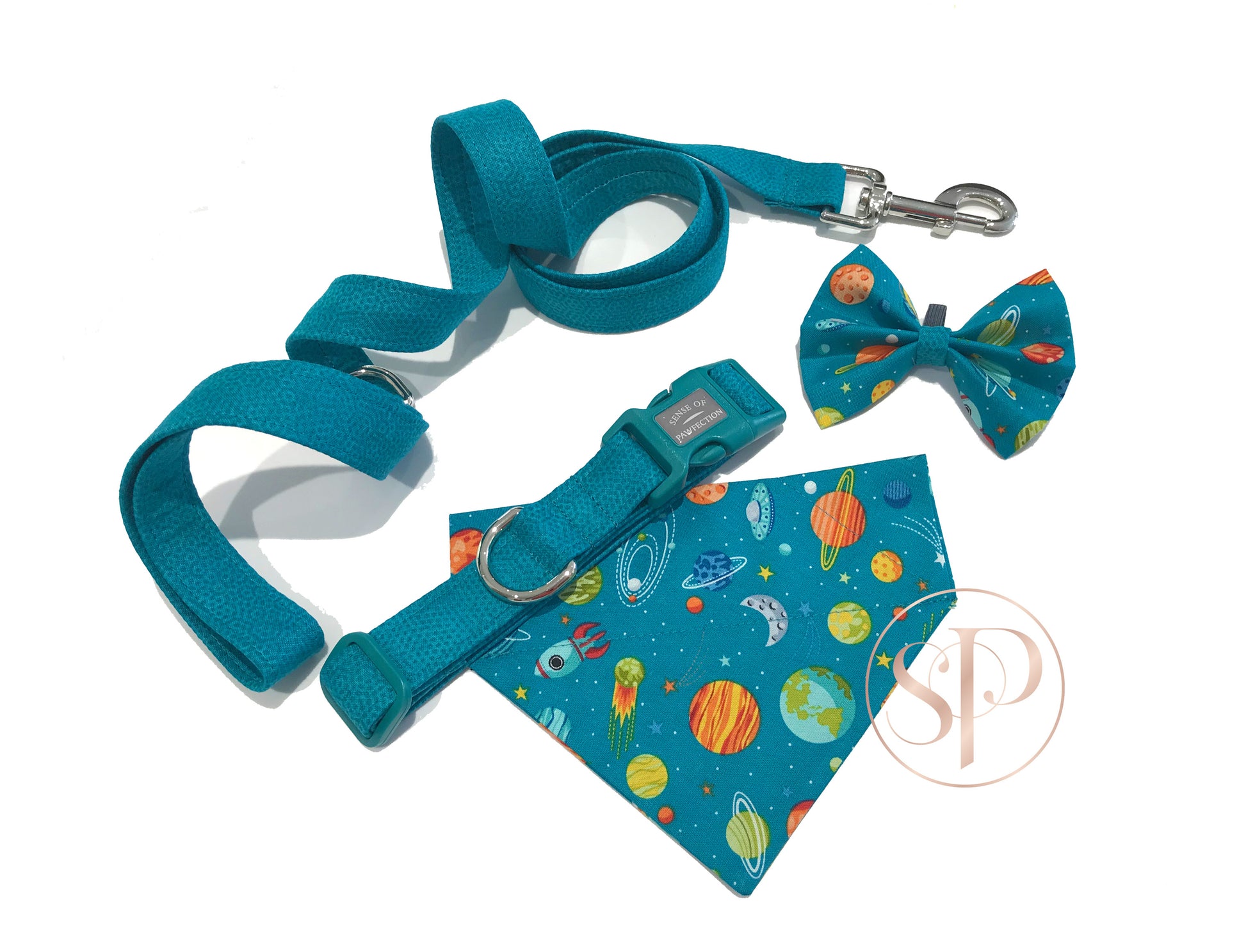 Cosmic Cooper Slide-on Dog Bandana & Bow Tie, and Freckles Bondi dog collar and lead