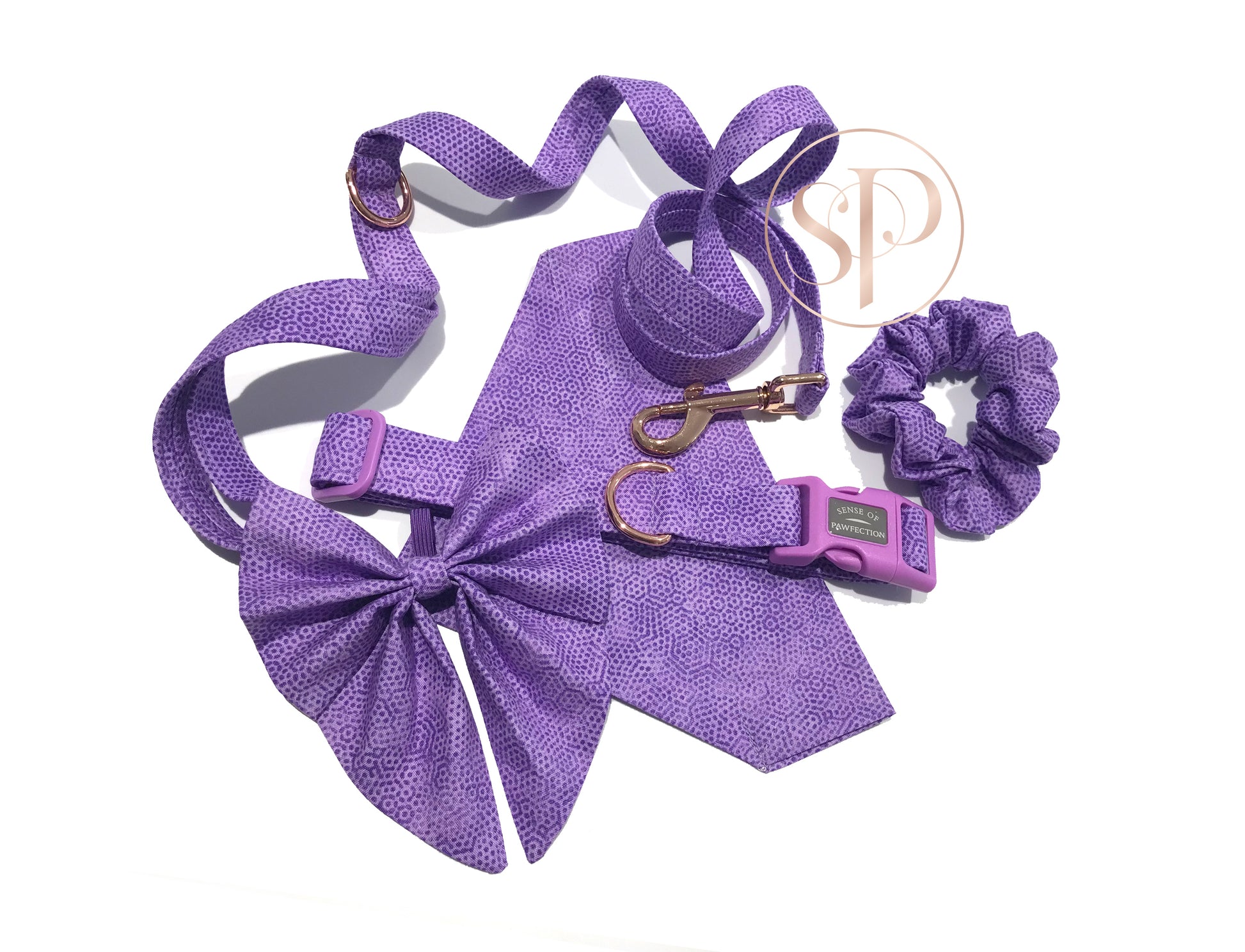 Freckles in Orchid Dog Collar, lead, bandana, sailor bow and hair scrunchie