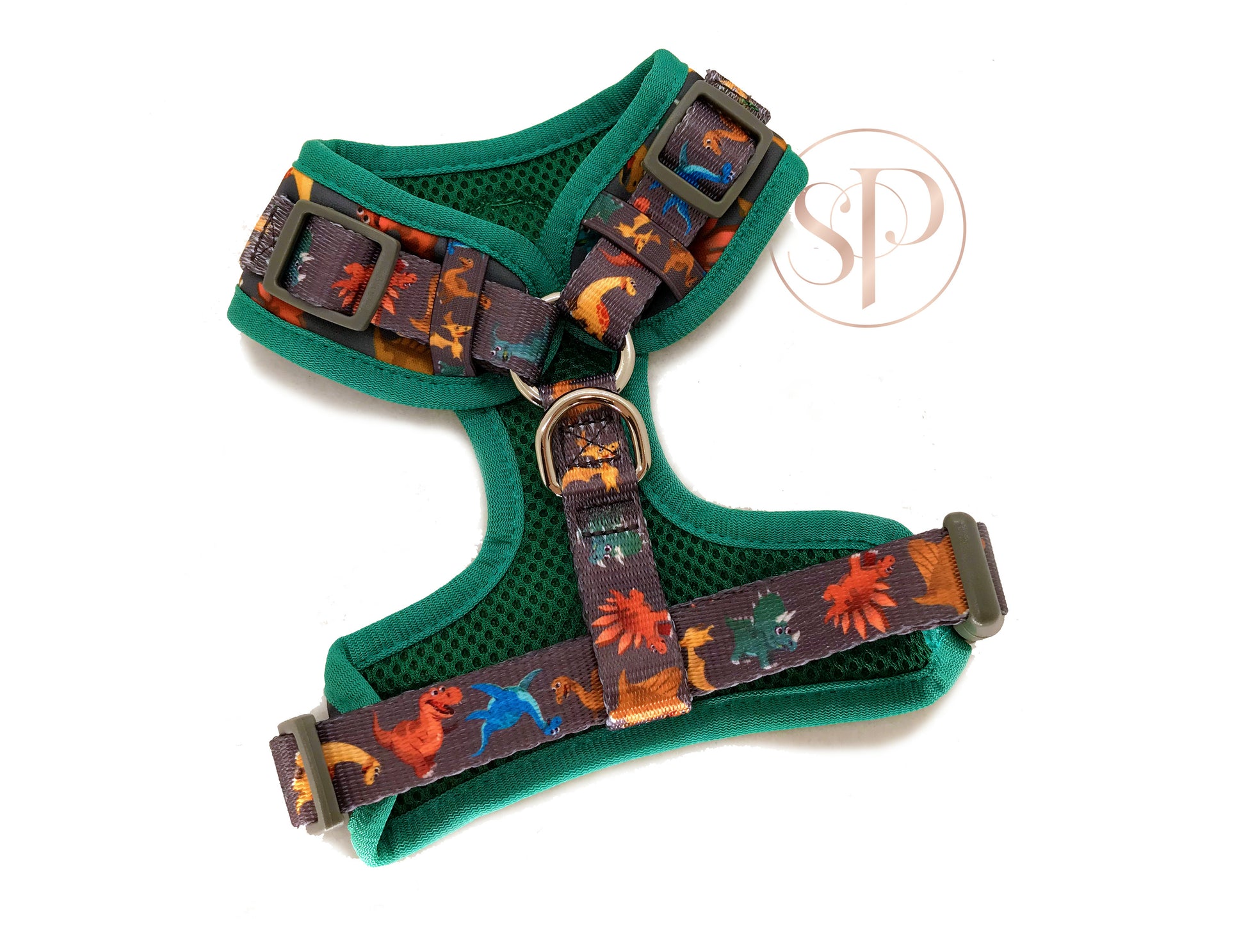 The reverse of a cute and colourful dinosaur design ready-made adjustable dog harness from the Dogasaurs
