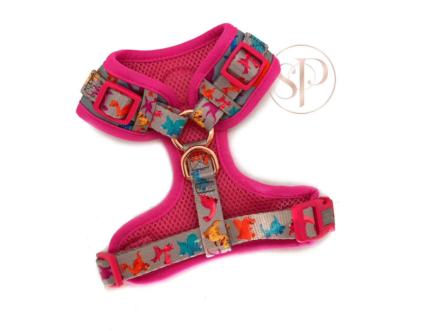 the reverse of a cute and colourful dinosaur design ready-made adjustable dog harness from the Dogasaurs Collection.