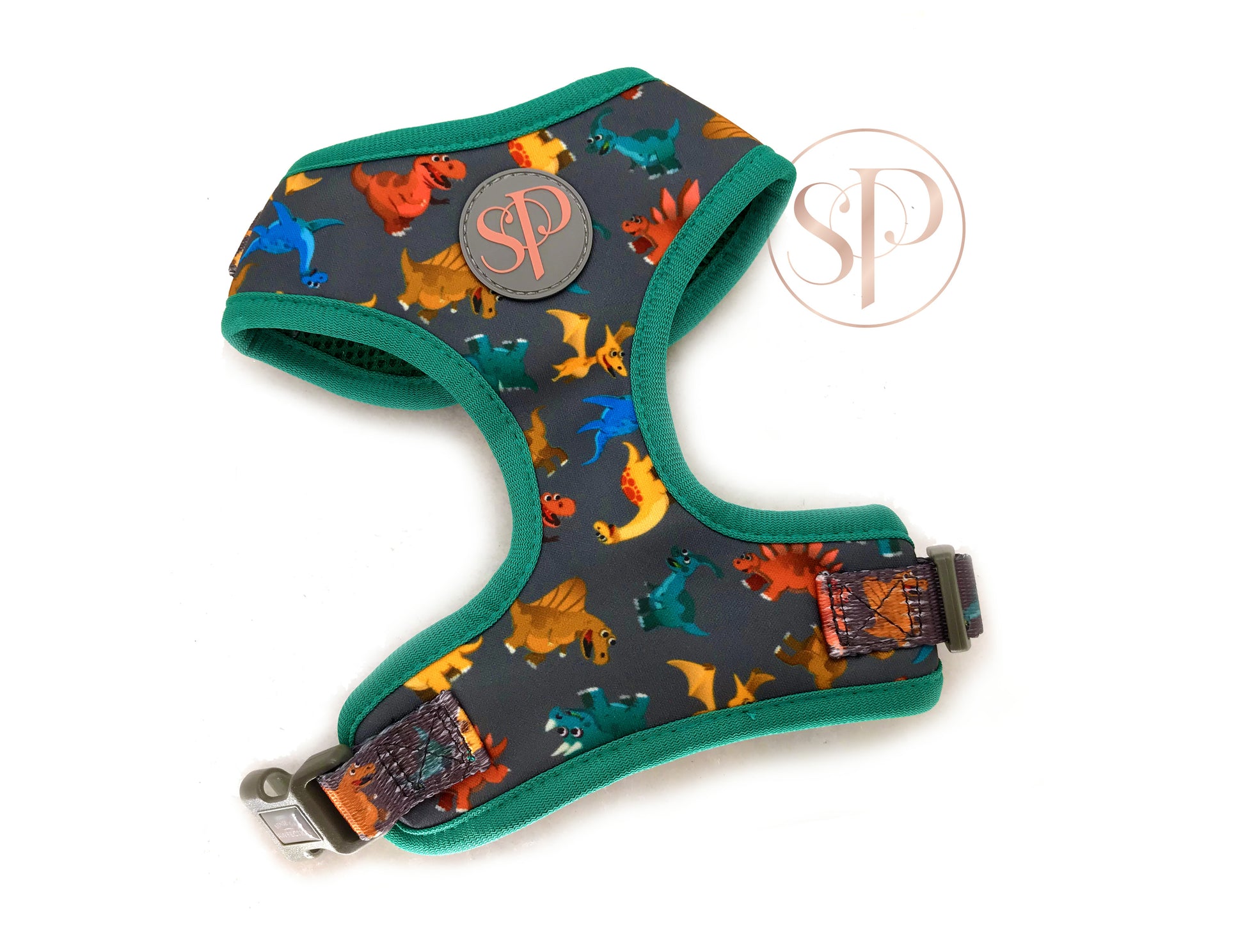 A cute and colourful dinosaur design ready-made adjustable dog harness from the Dogasaurs