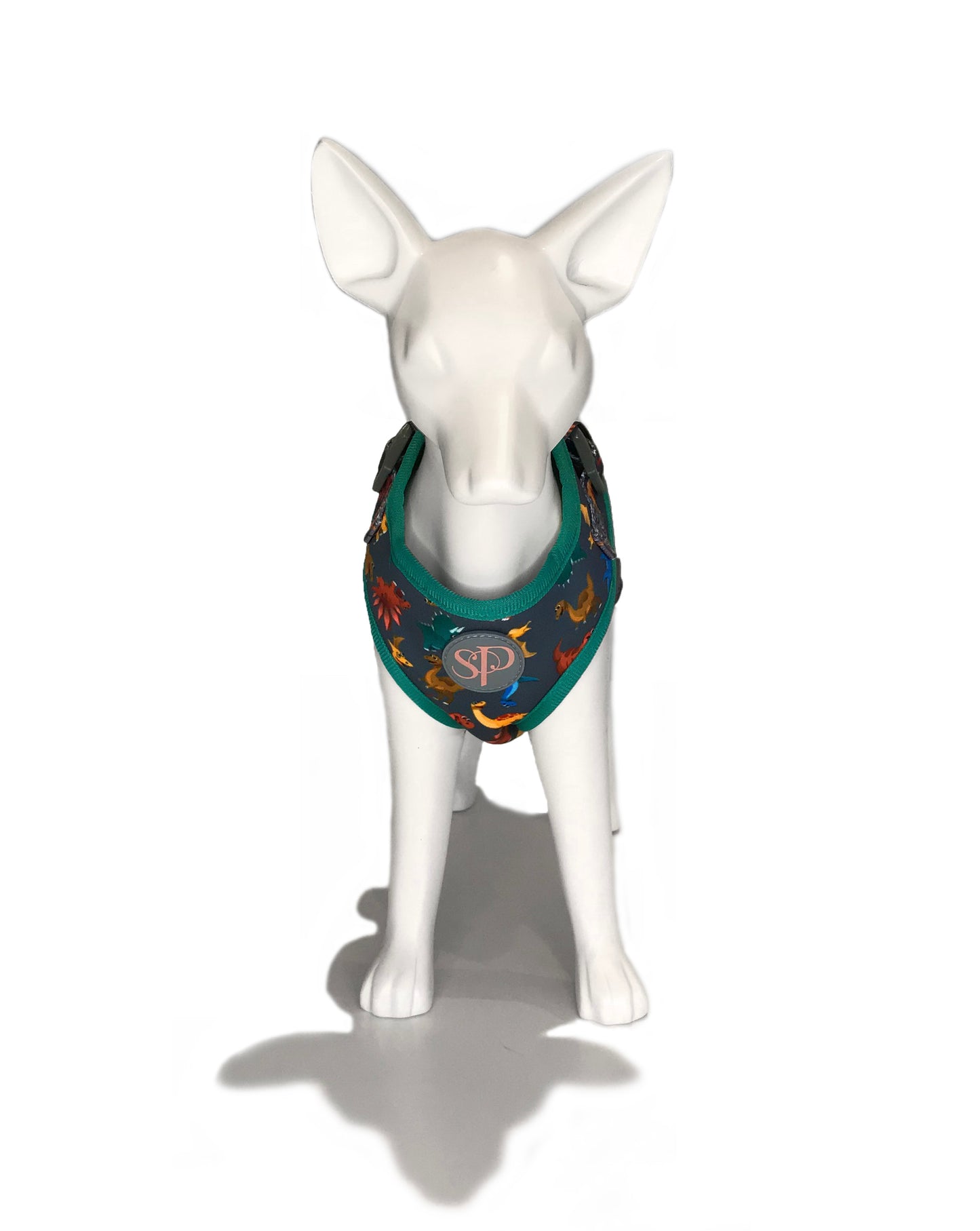 A cute and colourful dinosaur design ready-made adjustable dog harness from the Dogasaurs