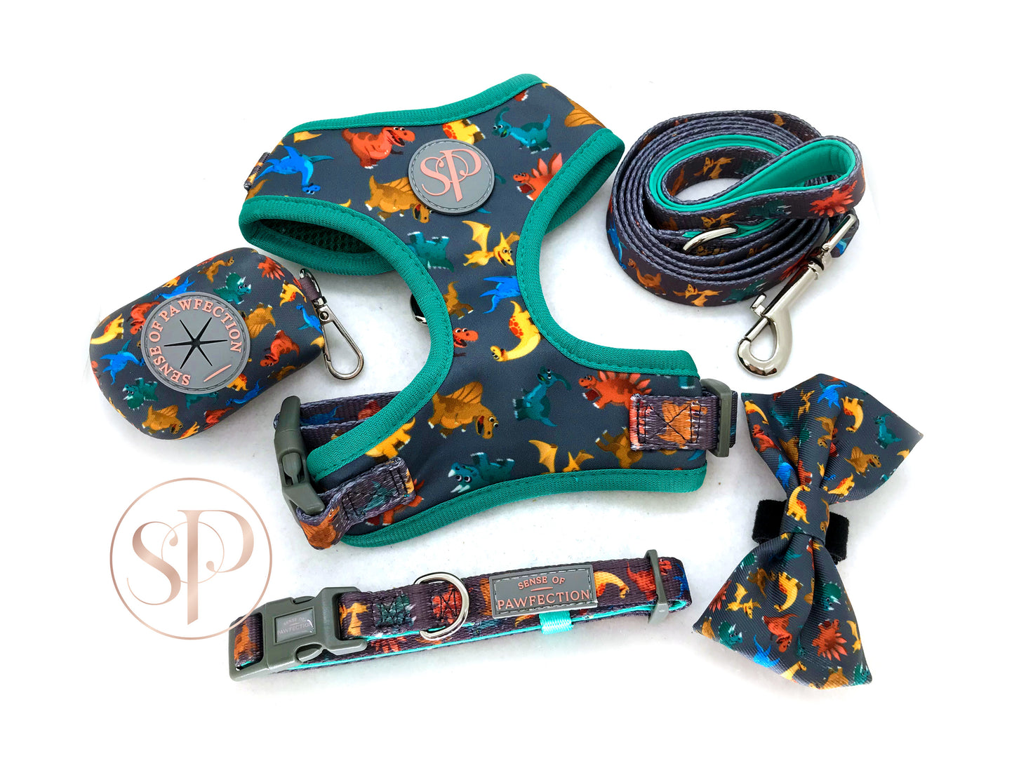 Rex dinosaur dog collar, lead, harness, bow tie and doggy bag holder set