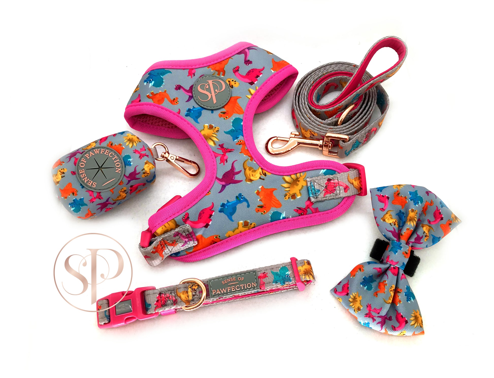 A super cute and colourful Dinosaur dog lead, harness, collar, bow and doggy bag holder from the Dogasaurs Collection.