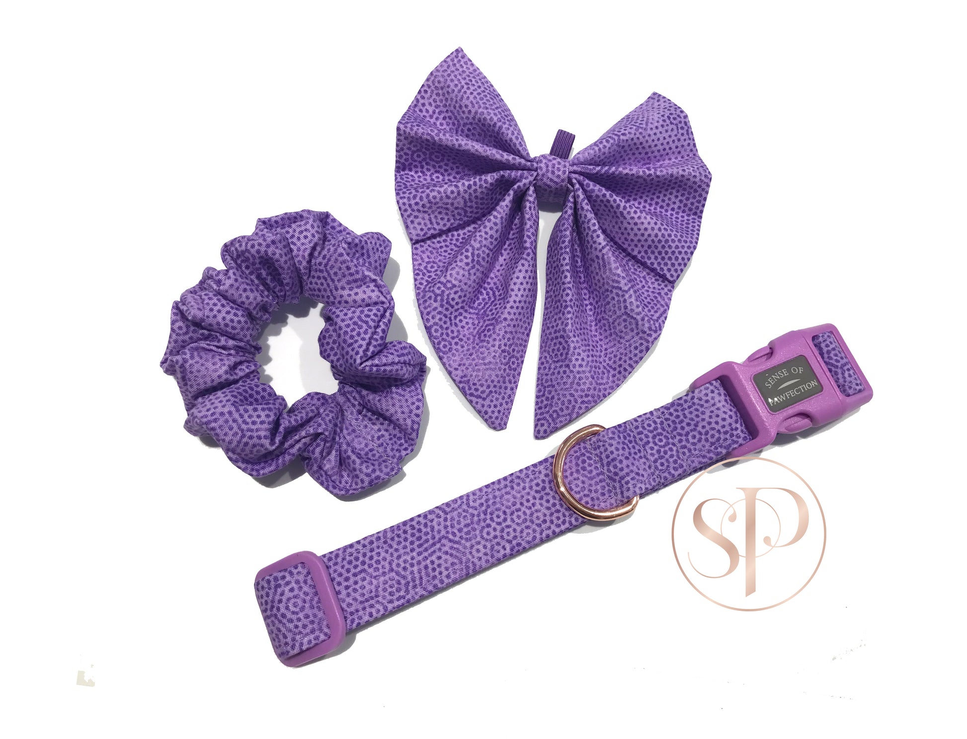 Freckles in Orchid Dog Collar, hair scrunchie and sailor bow