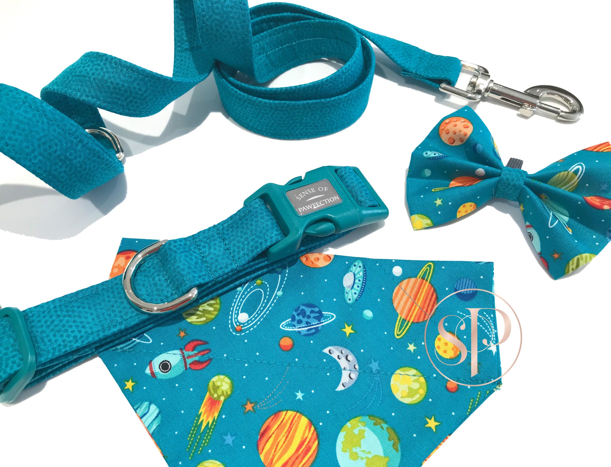 Close up of Cosmic Cooper Slide-on Dog Bandana & Bow Tie, and Freckles Bondi dog collar and lead