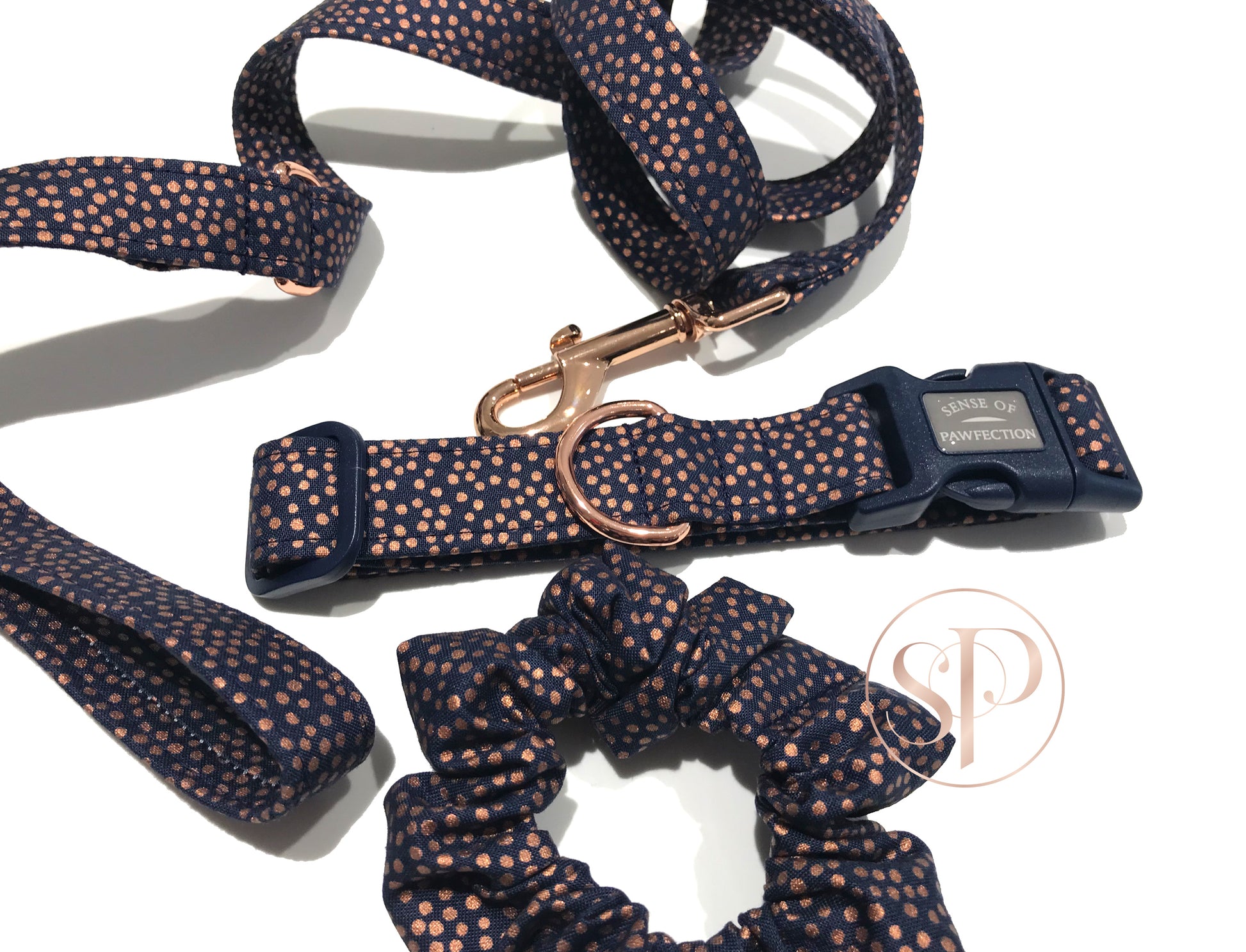 Copper Spots Hair Scrunchie, dog collar and lead