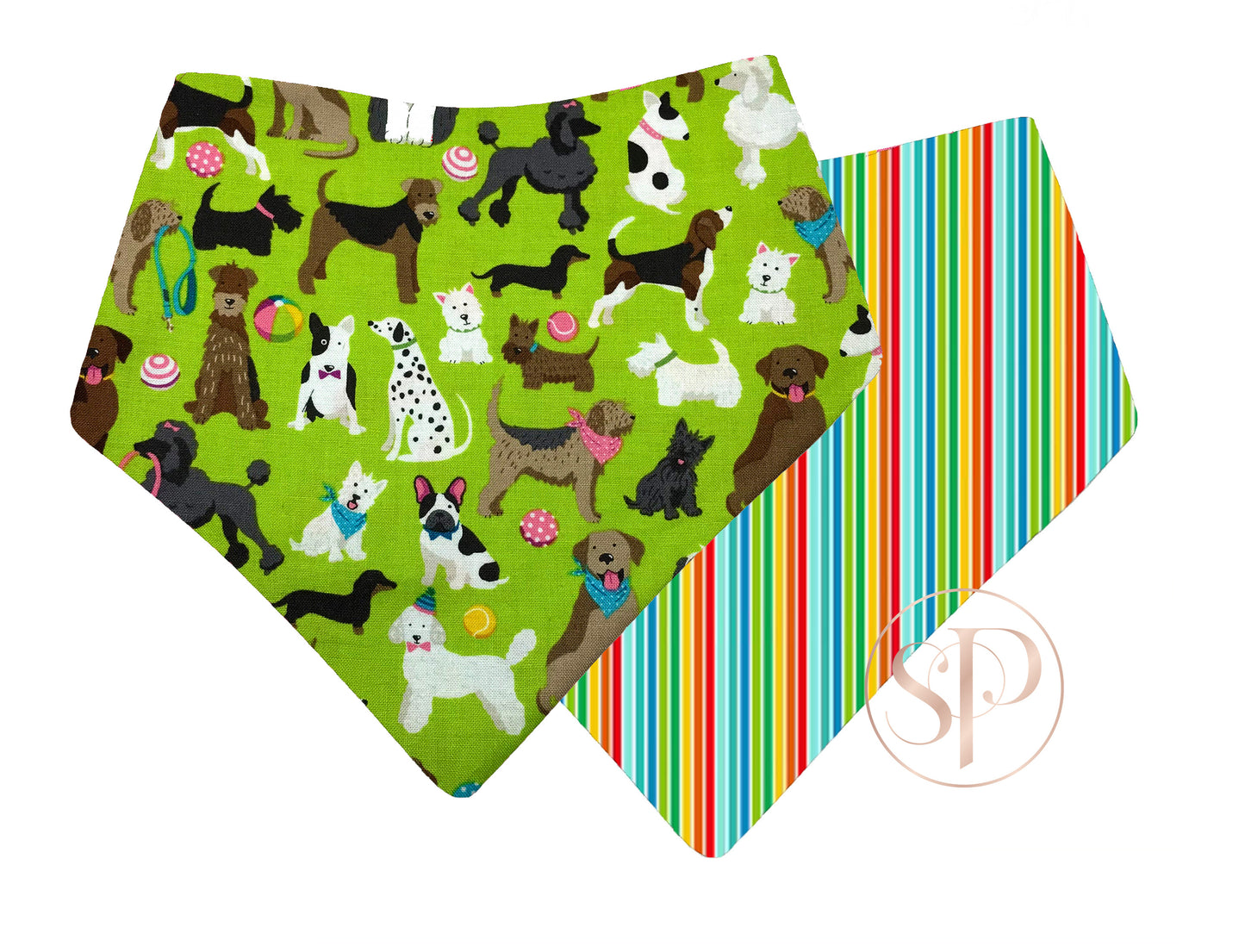 Party Pups in Green & Rainbow Stripes Reversible Dog Bandanas