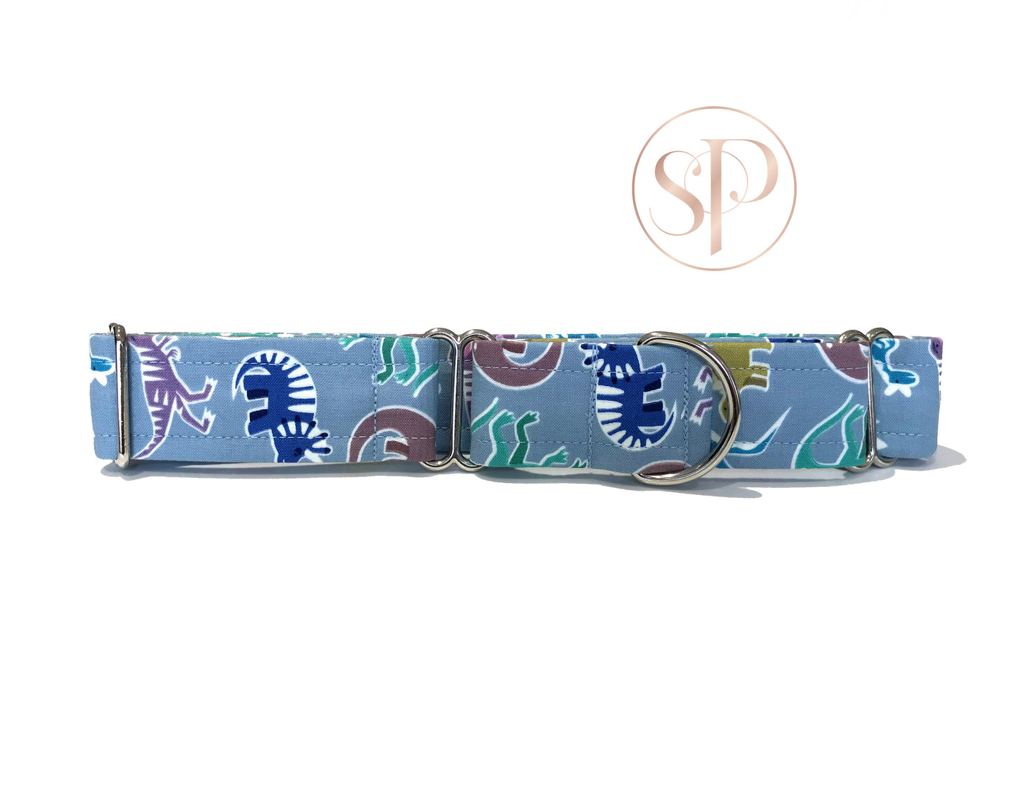 Scattered Dinos on Grey Martingale Dog Collar