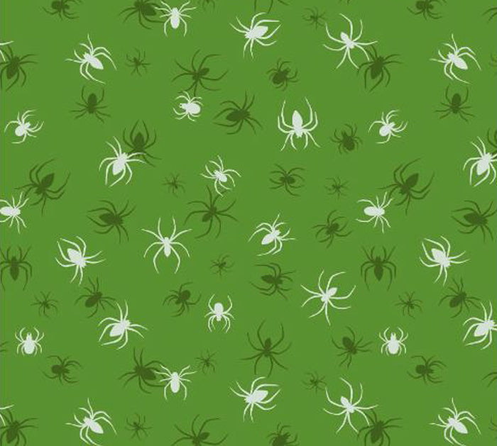 Lewis & Irene - Haunted House - A602.2 - Spiders on Green Fabric