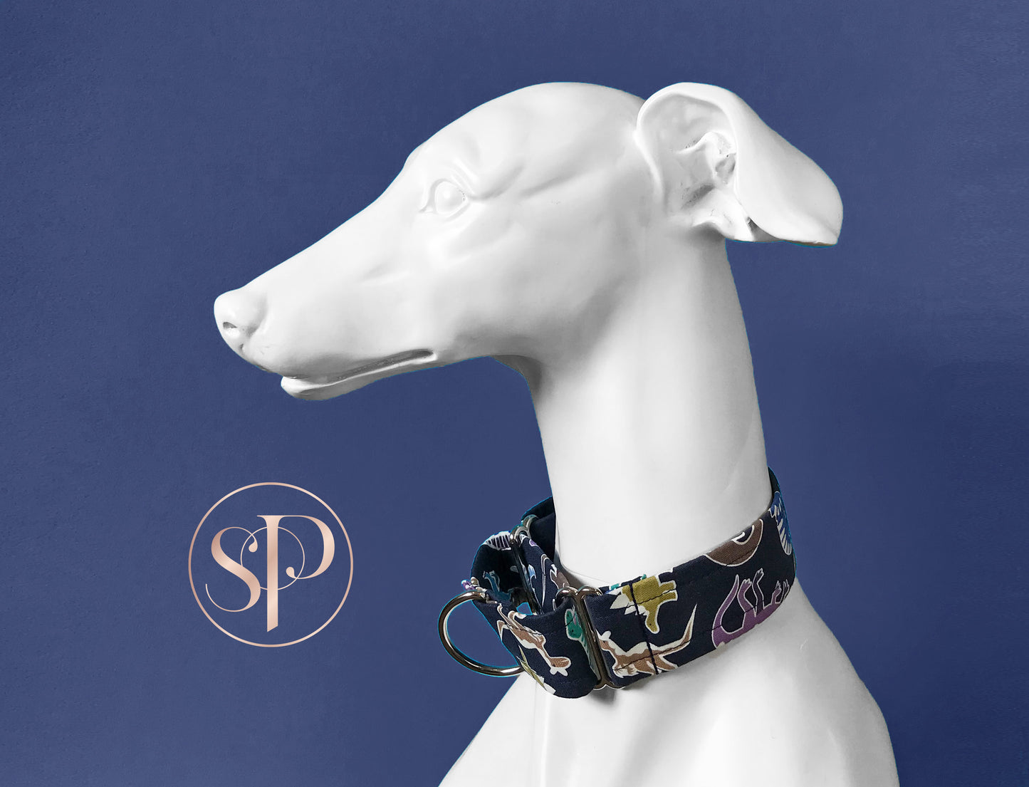 Scattered Dinos on Navy Martingale Dog Collar
