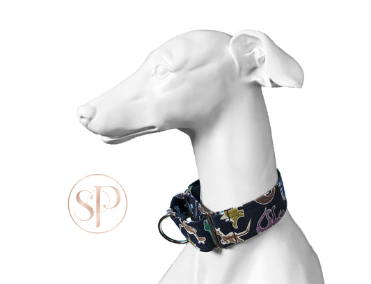 Scattered Dinos on Navy Martingale Dog Collar
